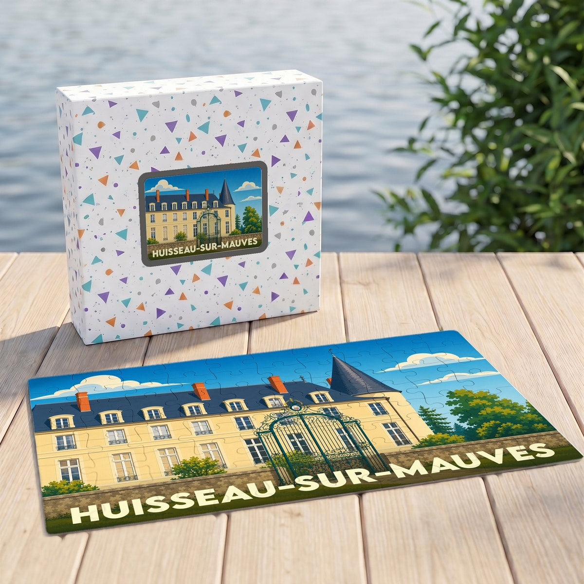 Puzzle souvenir de la ville de Huisseau-sur-Mauves avec une illustration stylisée de son château.