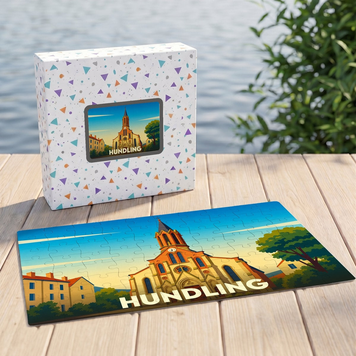 Puzzle souvenir de la ville de Hundling avec une illustration stylisée de son église.