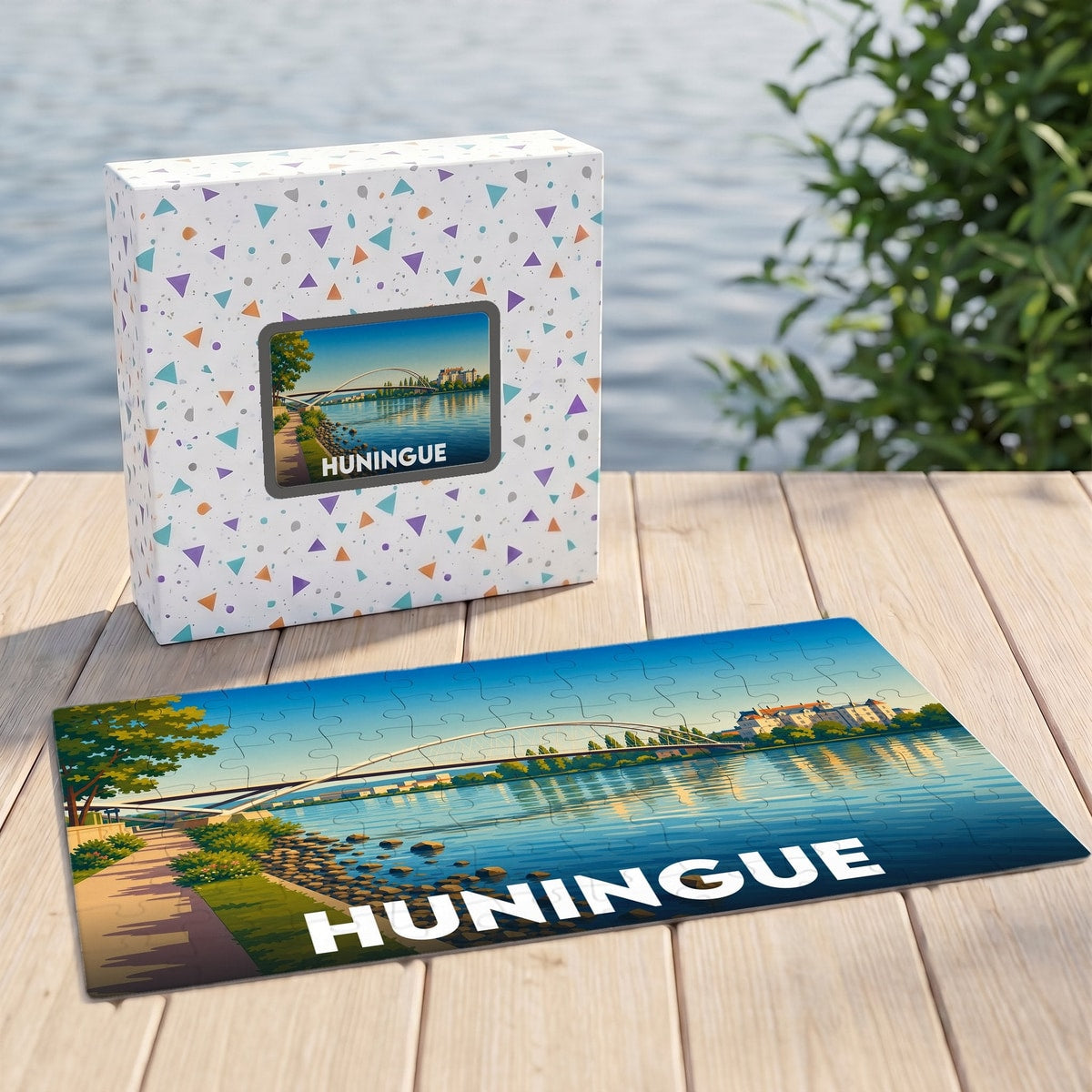 Puzzle souvenir de la ville de Huningue avec une illustration stylisée.