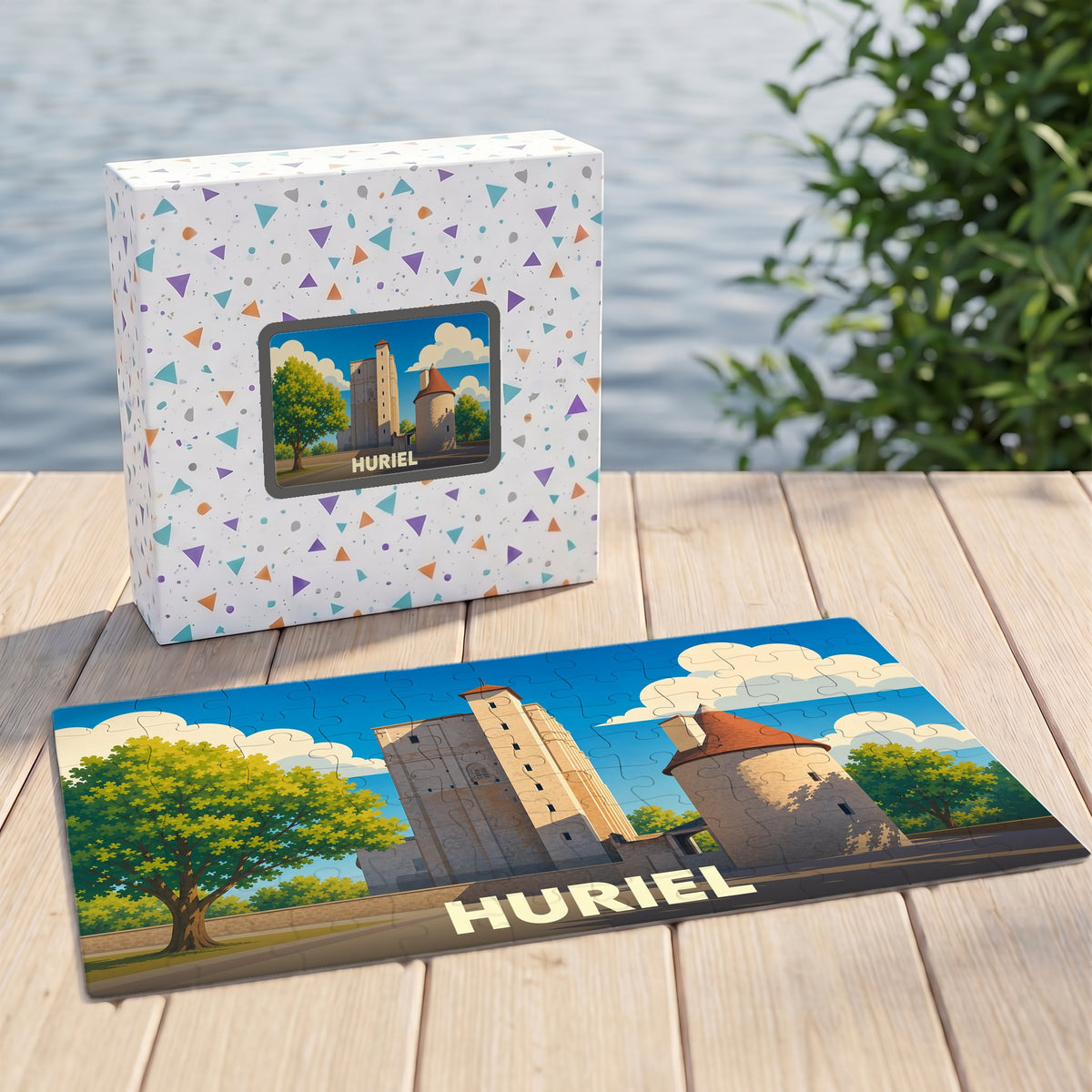 Puzzle souvenir de la ville de Huriel illustrant son donjon médiéval avec un style graphique épuré.