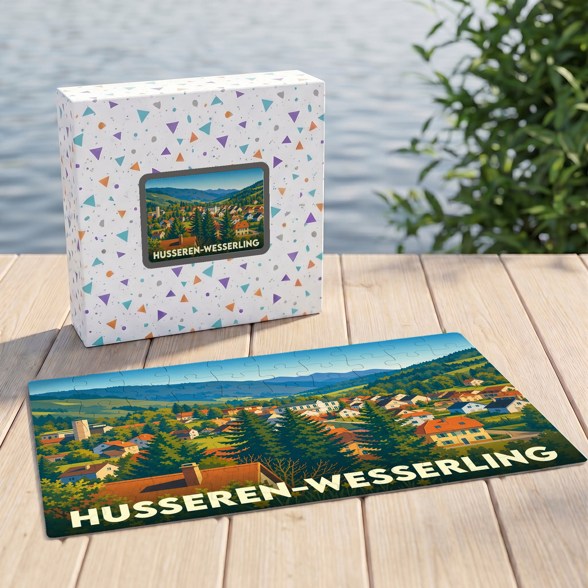 Puzzle souvenir de la ville de Husseren-Wesserling avec une illustration paysagère stylisée.