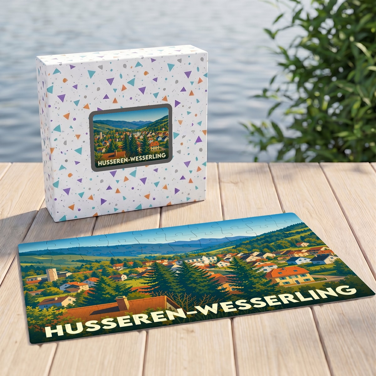Puzzle souvenir de la ville de Husseren-Wesserling avec une illustration paysagère stylisée.