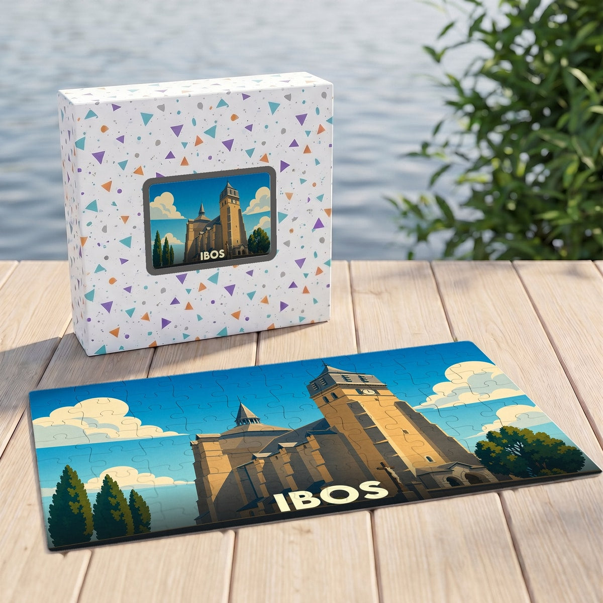 Puzzle souvenir de la ville d'Ibos avec une illustration stylisée de son église collégiale.