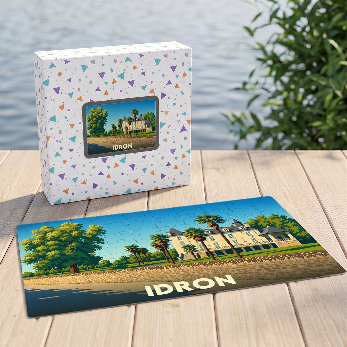 Puzzle souvenir de la ville d'Idron illustrant un château et des palmiers dans un style rétro.