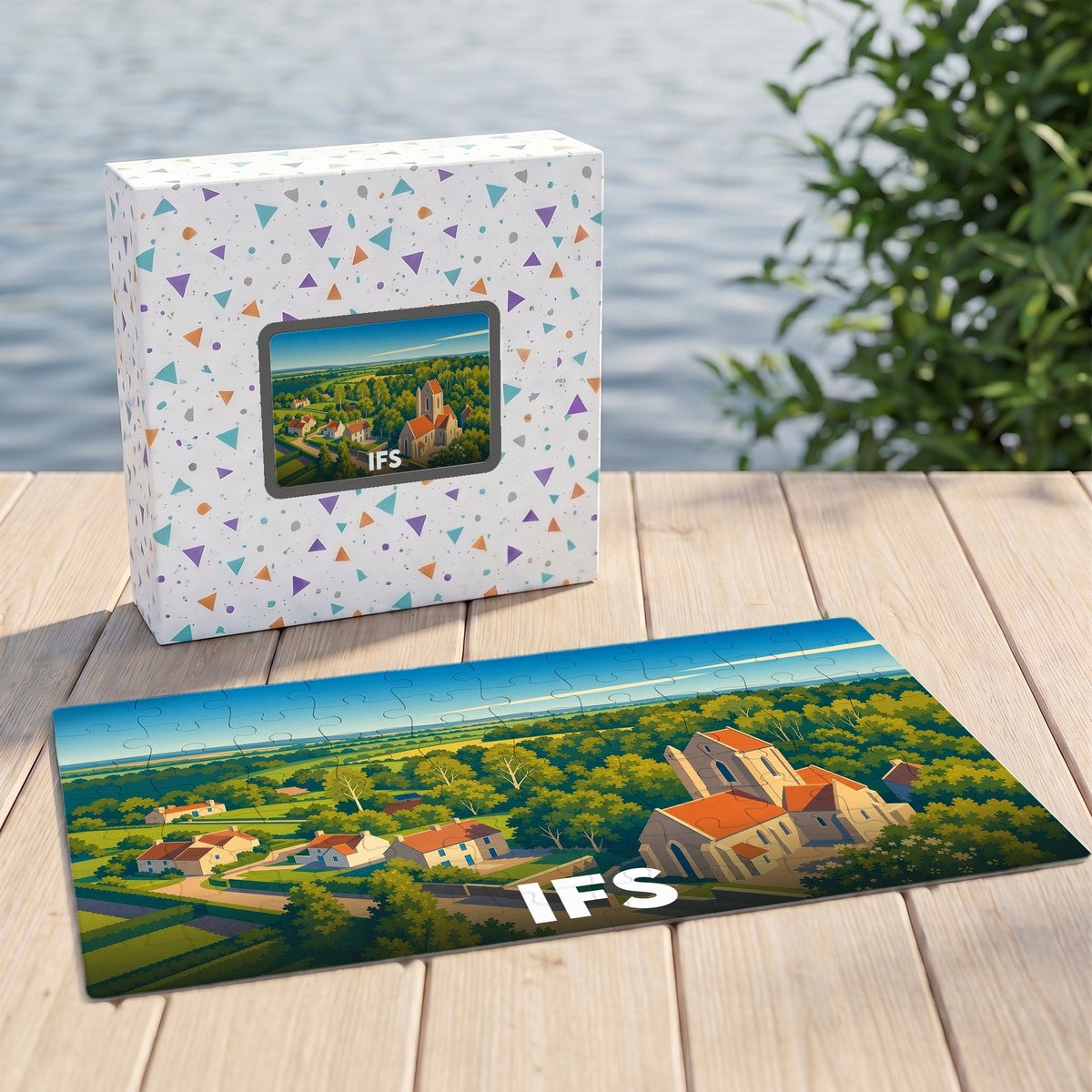 Puzzle souvenir de la ville d'Ifs présentant une illustration stylisée de ses paysages et de son église.