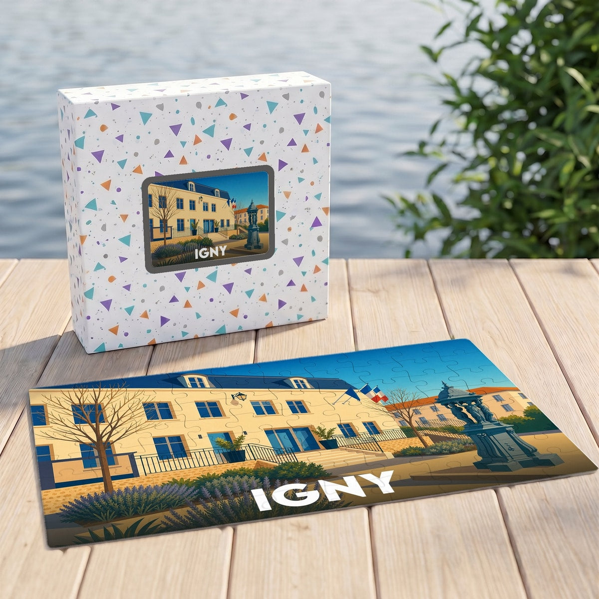 Puzzle souvenir de la ville d'Igny avec une illustration stylisée de son architecture.