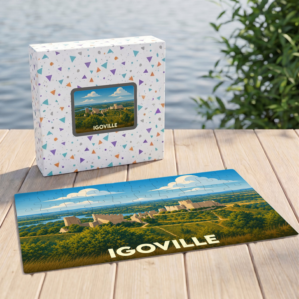 Puzzle souvenir de la ville d'Igoville présentant une illustration panoramique de paysages et de monuments historiques.
