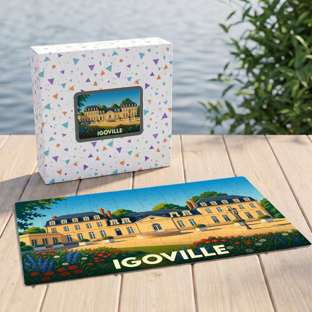 Puzzle souvenir de la ville de Igoville avec une illustration stylisée d'un manoir et de ses jardins.