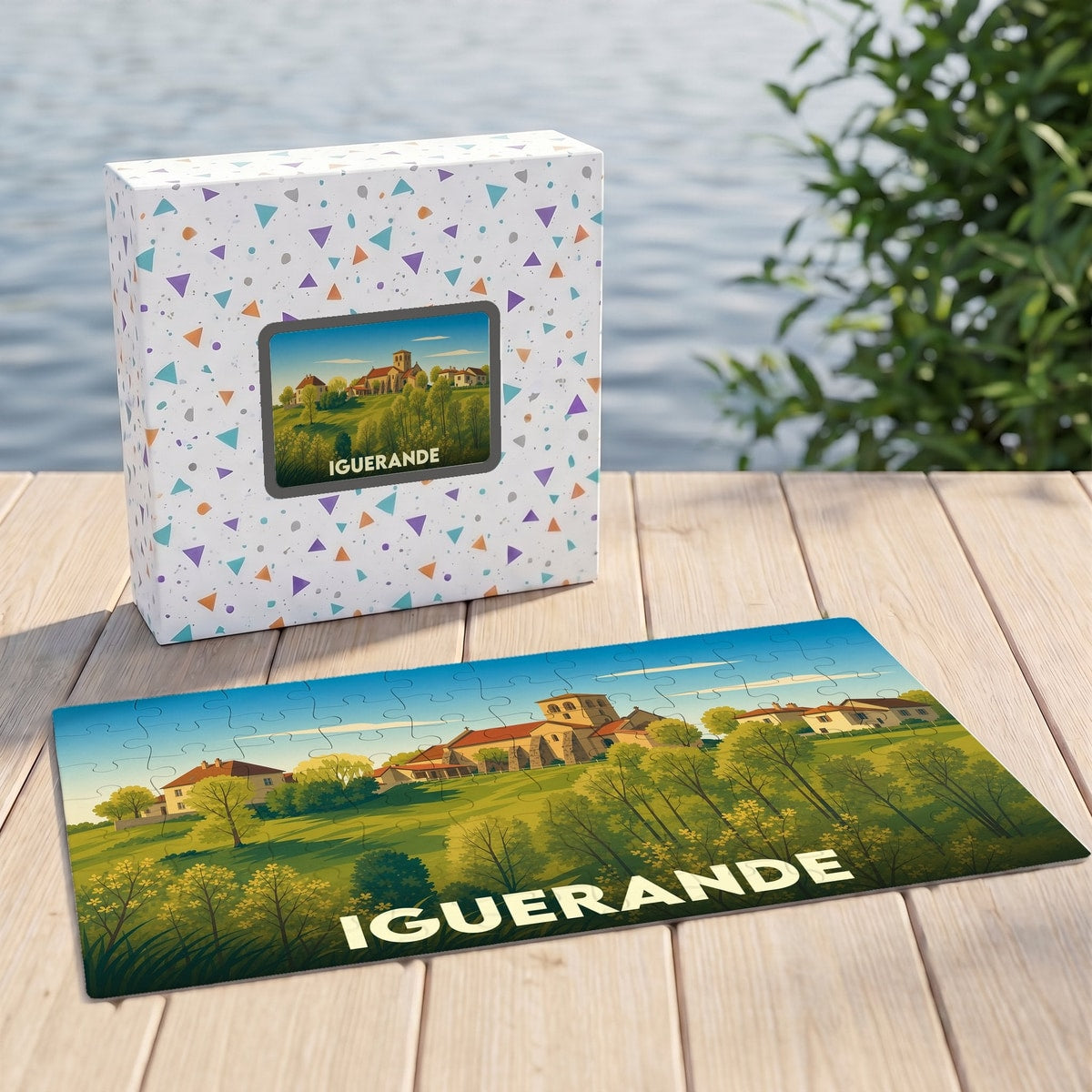Puzzle souvenir de la ville d'Iguerande avec une illustration paysagère stylisée.