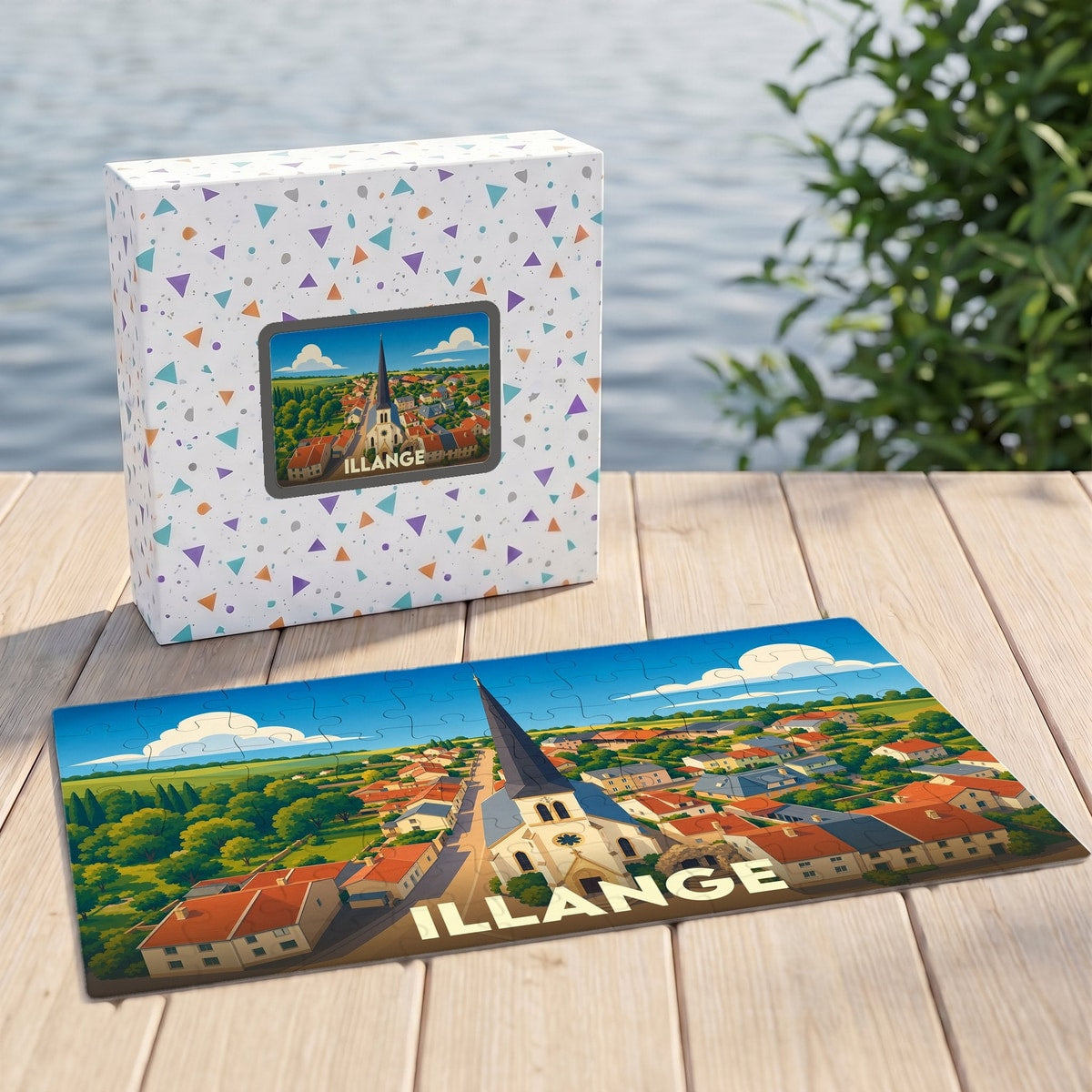 Puzzle souvenir de la ville d'Illange représentant une vue aérienne illustrée de son église et de ses toits.