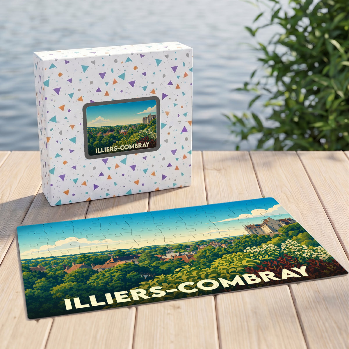 Puzzle souvenir de la ville de Illiers-Combray avec une illustration paysagère stylisée.