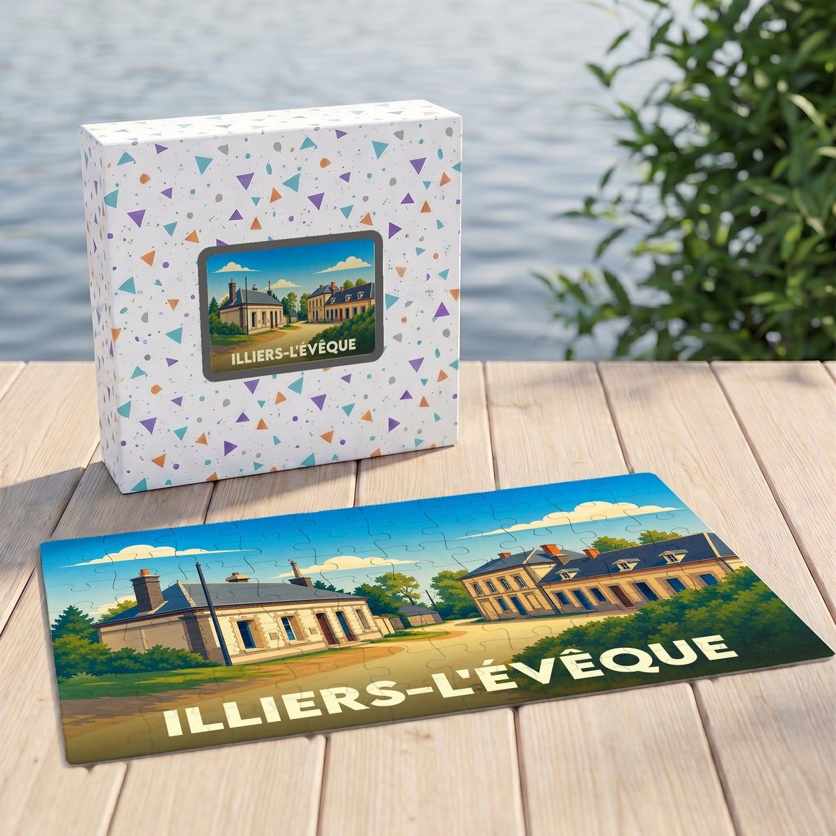 Puzzle souvenir de la ville d'Illiers-l'Évêque avec une illustration stylisée de ses bâtiments historiques.
