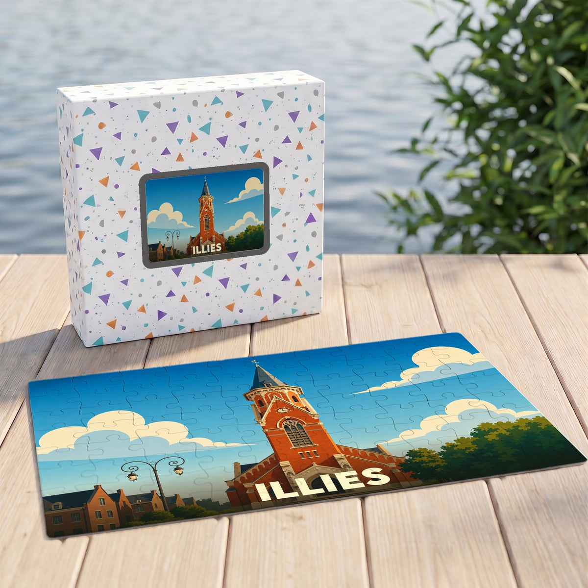 Puzzle souvenir de la ville de Illies avec une illustration stylisée de son église.