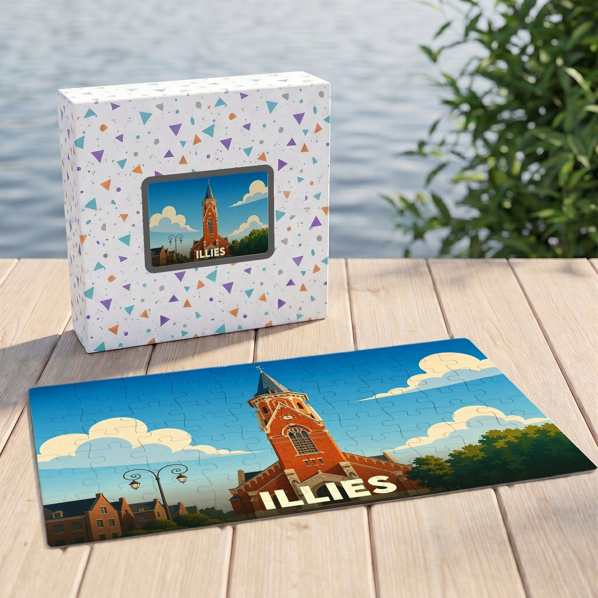 Puzzle souvenir de la ville de Illies avec une illustration stylisée de son église.
