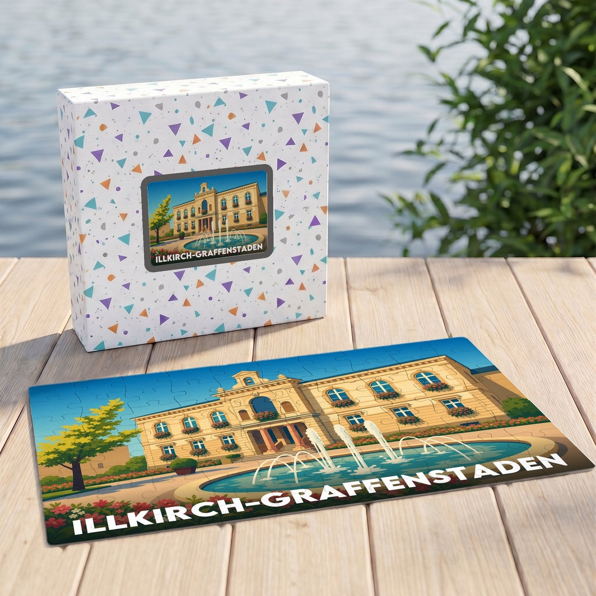 Puzzle souvenir de la ville de Illkirch-Graffenstaden illustrant son hôtel de ville et sa fontaine dans un style graphique.
