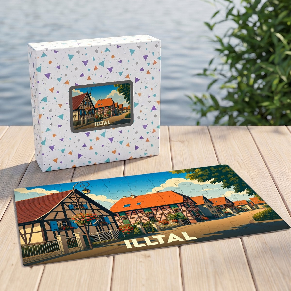 Puzzle souvenir de la ville de Illtal illustrant une rue pittoresque avec des maisons à colombages.