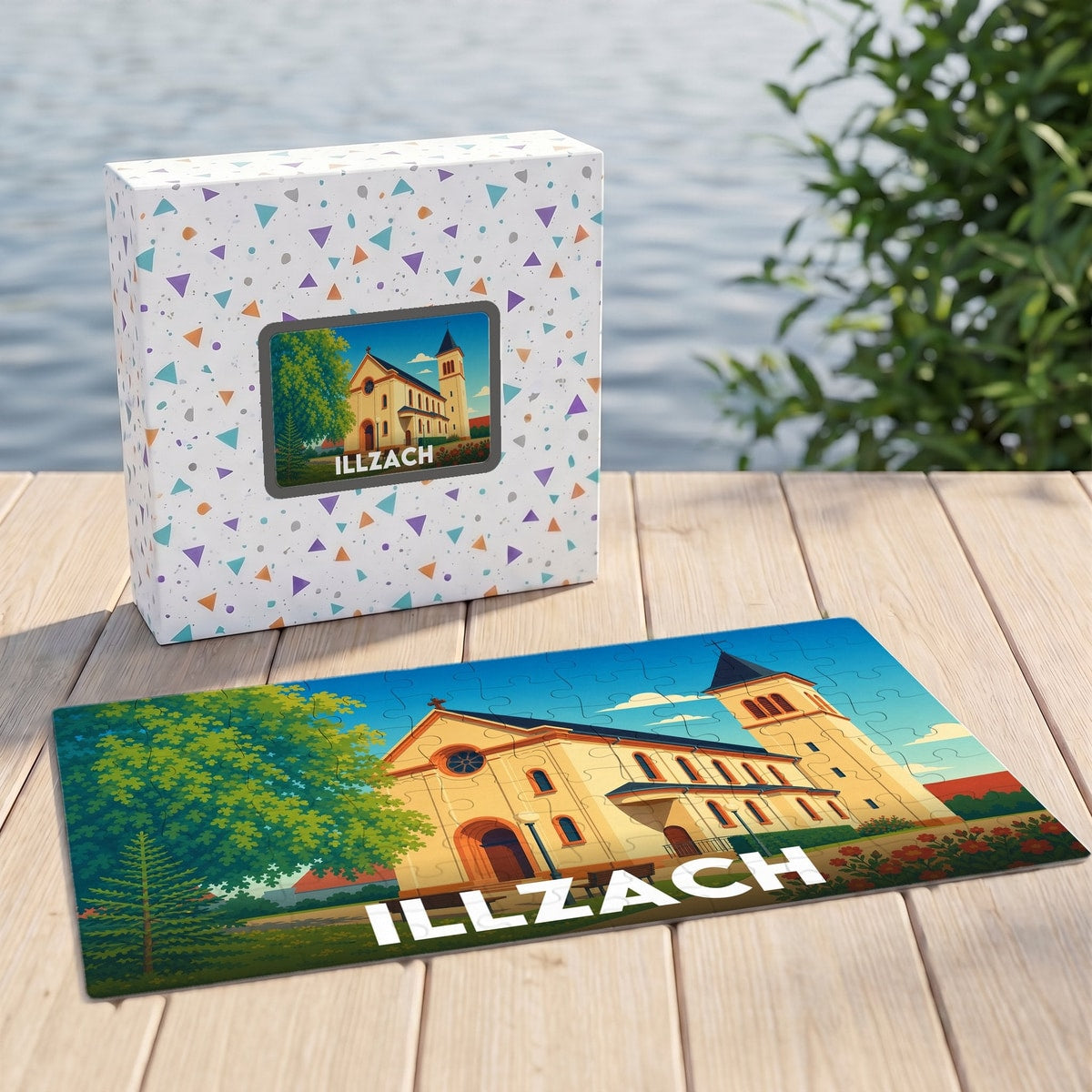 Puzzle souvenir de la ville de Illzach avec une illustration colorée de son église.