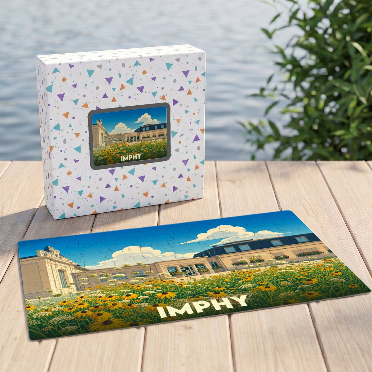 Puzzle souvenir de la ville de Imphy illustré d'un paysage floral et architectural coloré.