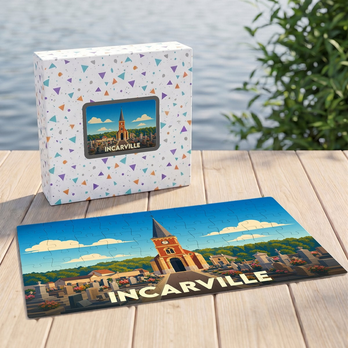 Puzzle souvenir de la ville d'Incarville avec une illustration stylisée de son église et de son cimetière.