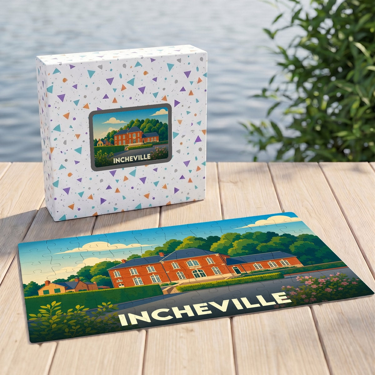 Puzzle souvenir de la ville d'Incheville avec une illustration stylisée de sa mairie.