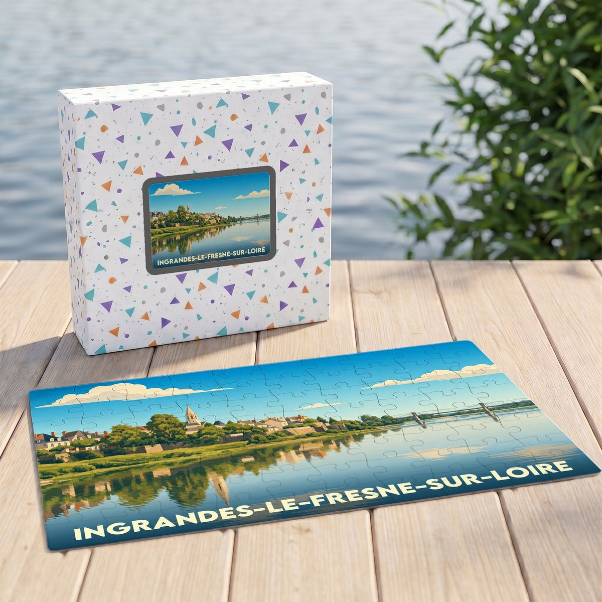 Puzzle souvenir de la ville d'Ingrandes-le-Fresne-sur-Loire avec une illustration stylisée des bords de Loire.