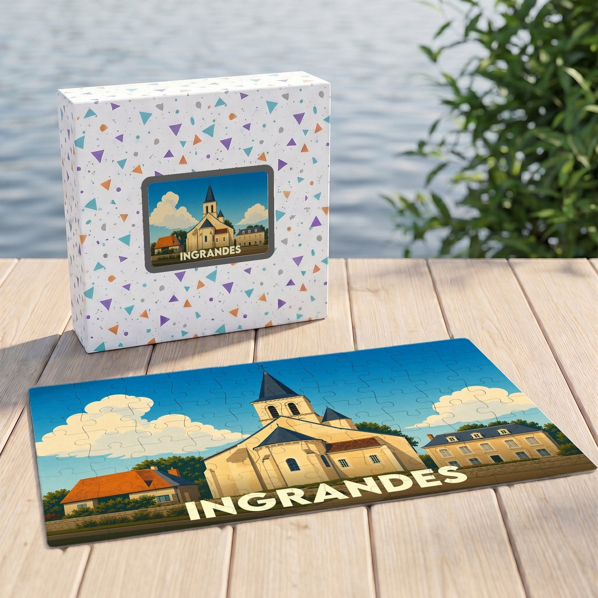 Puzzle souvenir de la ville d'Ingrandes représentant une église stylisée dans son coffret assorti.
