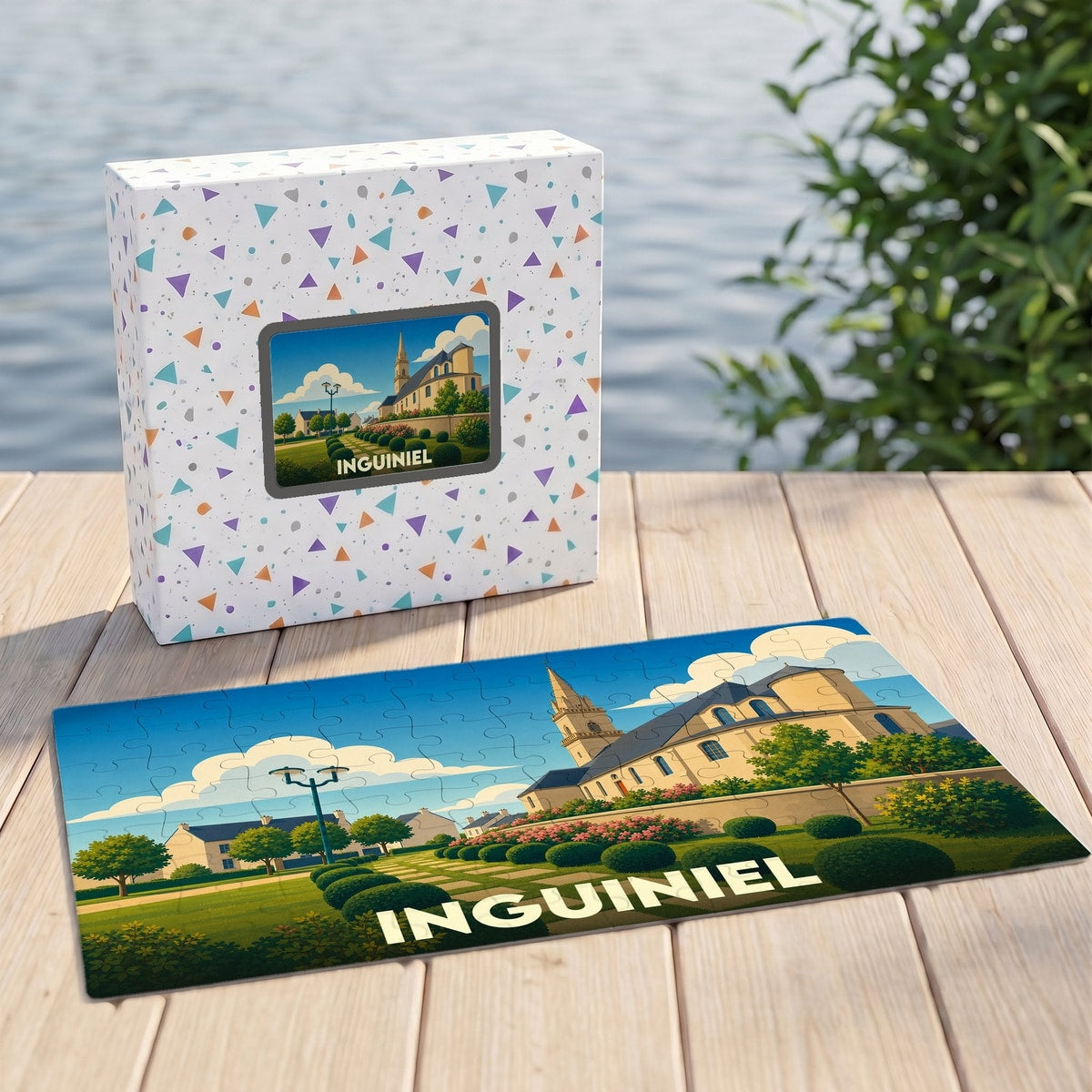 Puzzle souvenir de la ville d'Inguiniel avec une illustration stylisée de son église et de ses jardins.