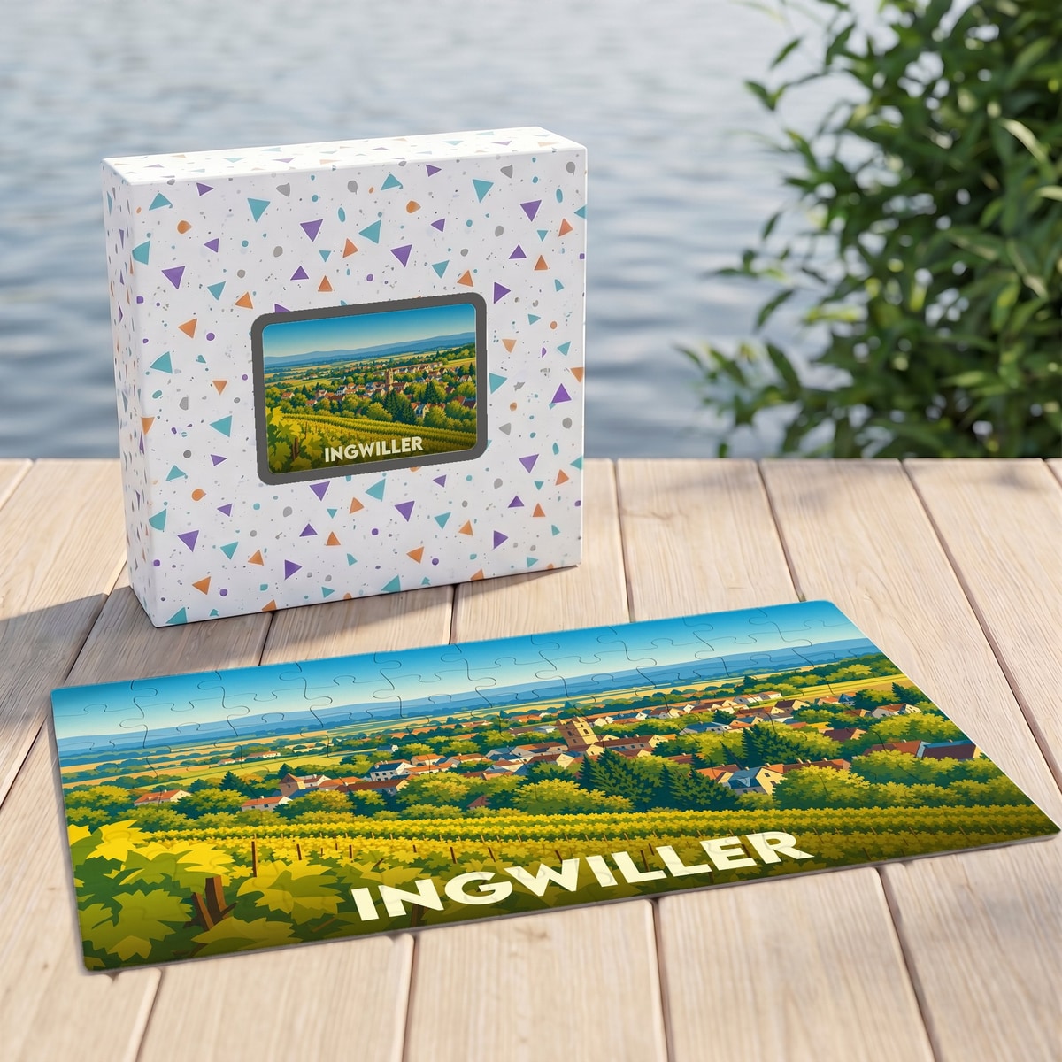 Puzzle souvenir de la ville de Ingwiller avec une illustration stylisée de ses paysages et vignobles.