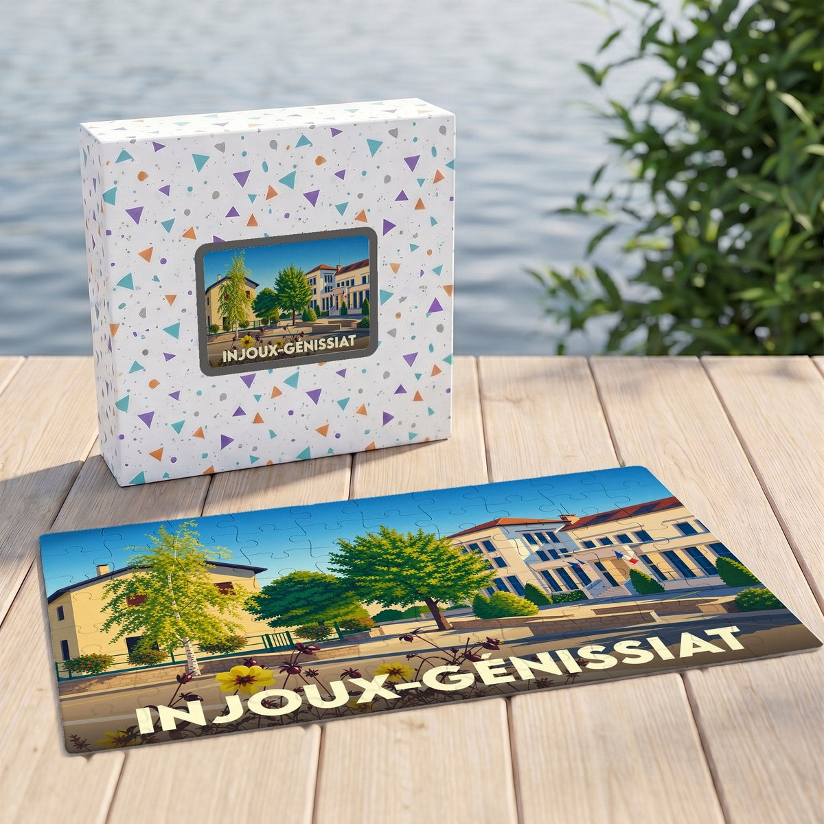 Puzzle souvenir de la commune d'Injoux-Génissiat avec son coffret illustrant un paysage urbain coloré.