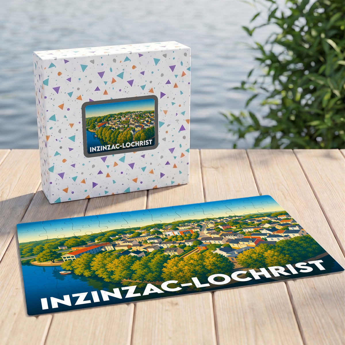 Puzzle souvenir de la ville d'Inzinzac-Lochrist avec une illustration panoramique stylisée.
