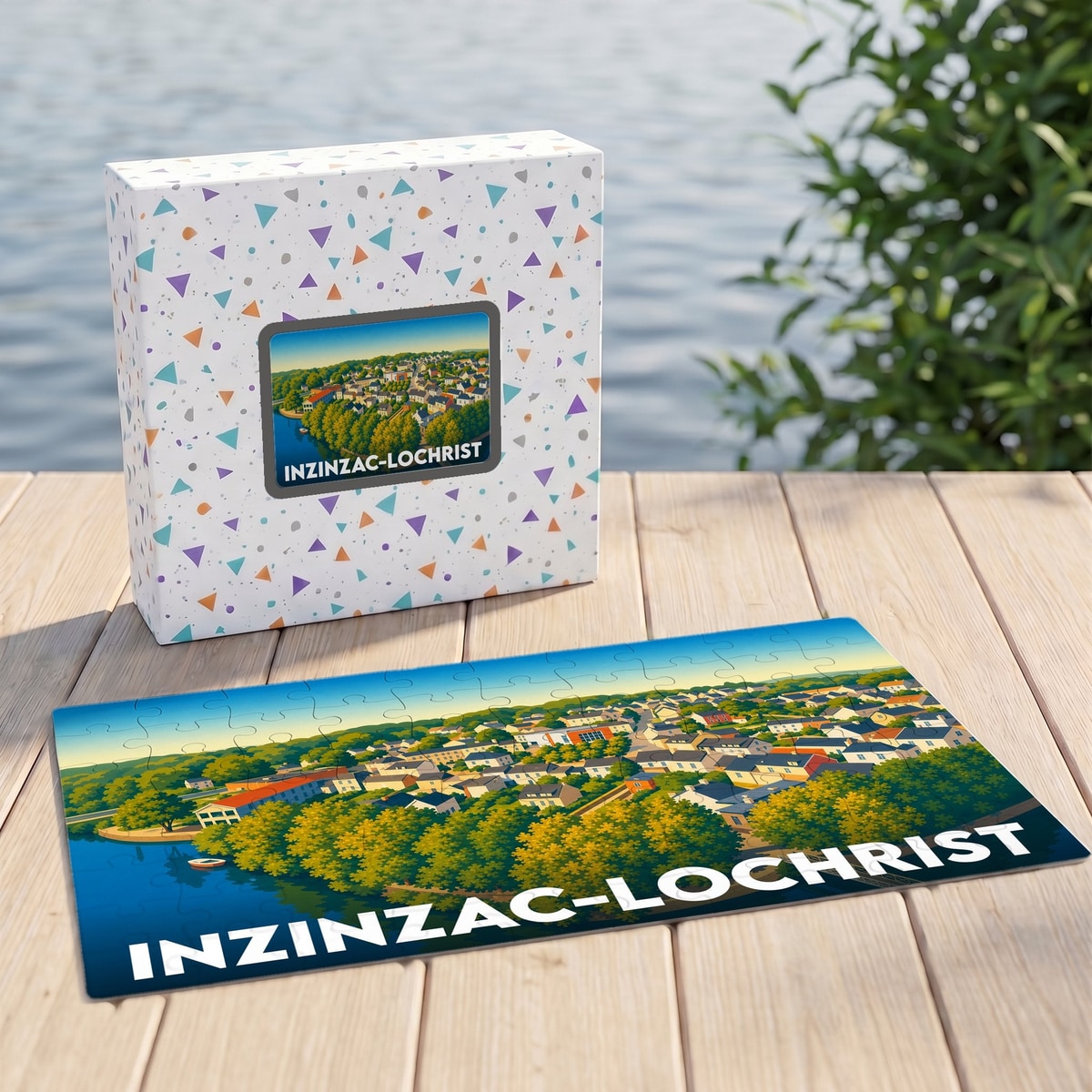 Puzzle souvenir de la ville d'Inzinzac-Lochrist avec une illustration panoramique stylisée.