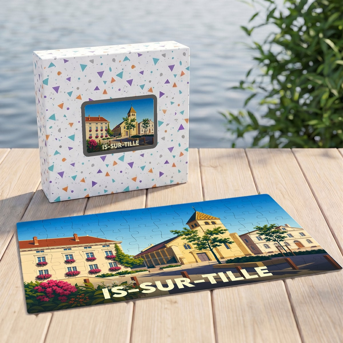 Puzzle souvenir de la ville de Is-sur-Tille avec une illustration stylisée et colorée.