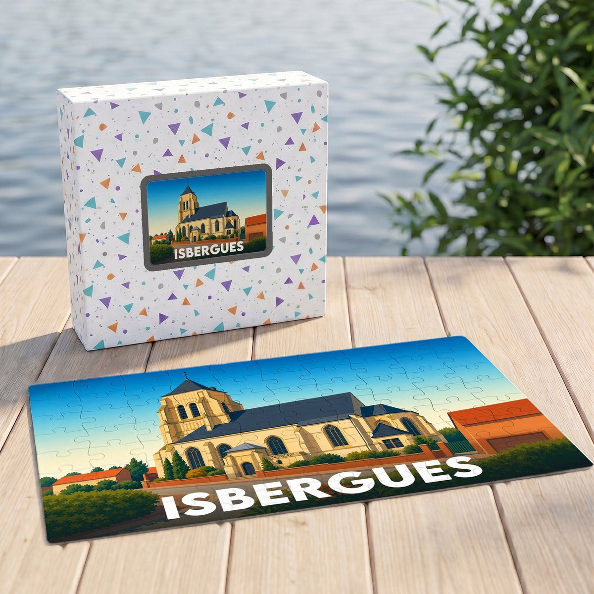 Puzzle souvenir de la ville d'Isbergues illustré par un dessin stylisé de son église.