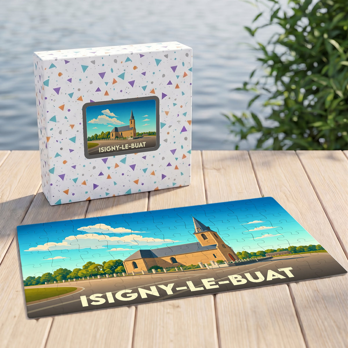 Puzzle souvenir de la ville d'Isigny-le-Buat avec une illustration stylisée de son église.