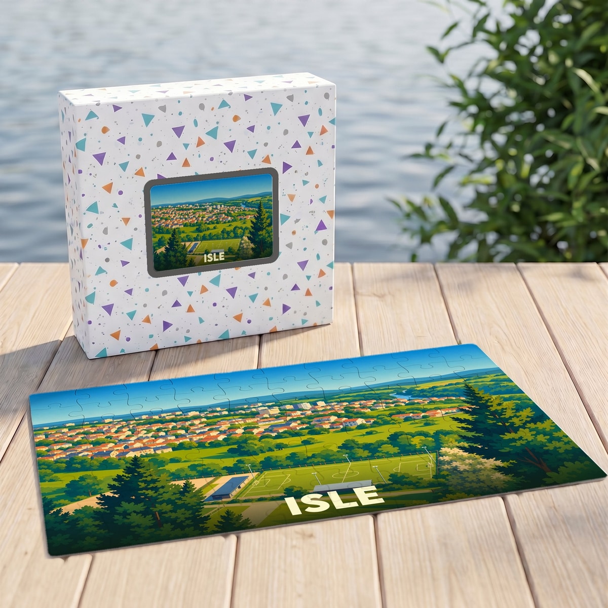 Puzzle souvenir de la ville d'Isle avec une illustration panoramique stylisée.