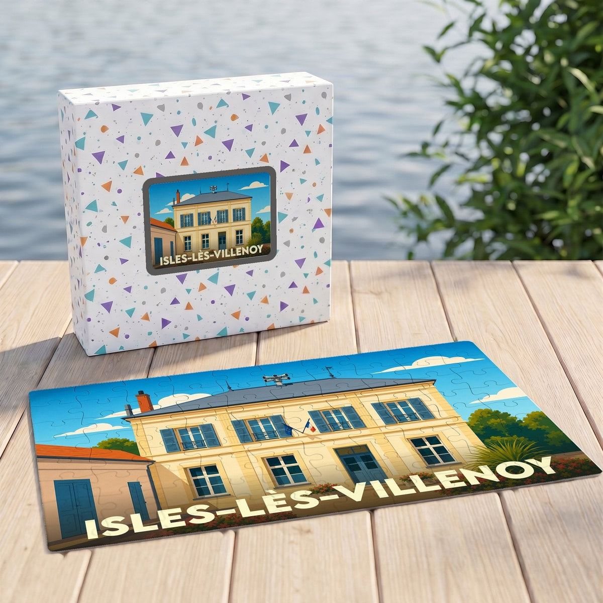 Puzzle souvenir de la ville de Isles-lès-Villenoy avec une illustration stylisée de son hôtel de ville.