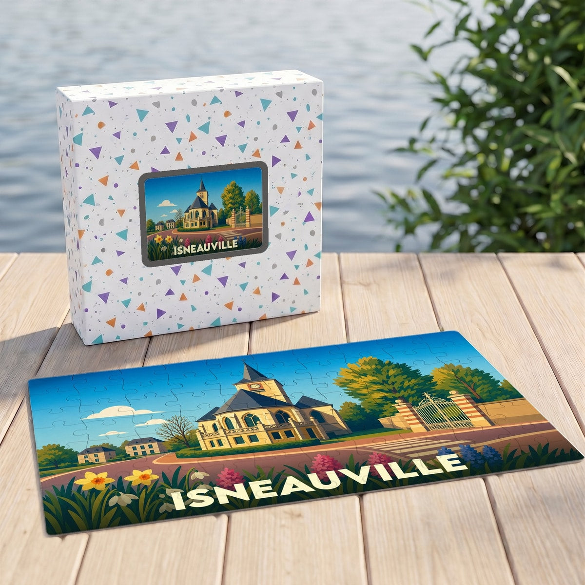 Puzzle souvenir de la ville d'Isneauville présentant une illustration colorée et stylisée de son église.