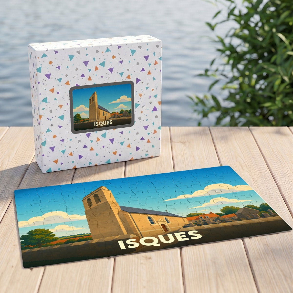 Puzzle souvenir de la ville d'Isques avec une illustration stylisée d'une église sous un ciel azur.