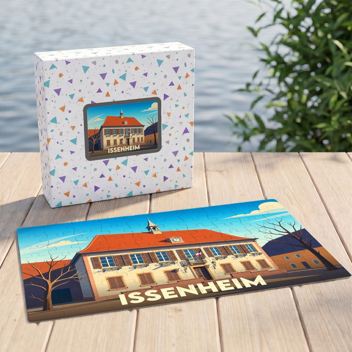 Puzzle souvenir de la ville d'Issenheim présentant une illustration stylisée de son hôtel de ville posé à côté de sa boîte.