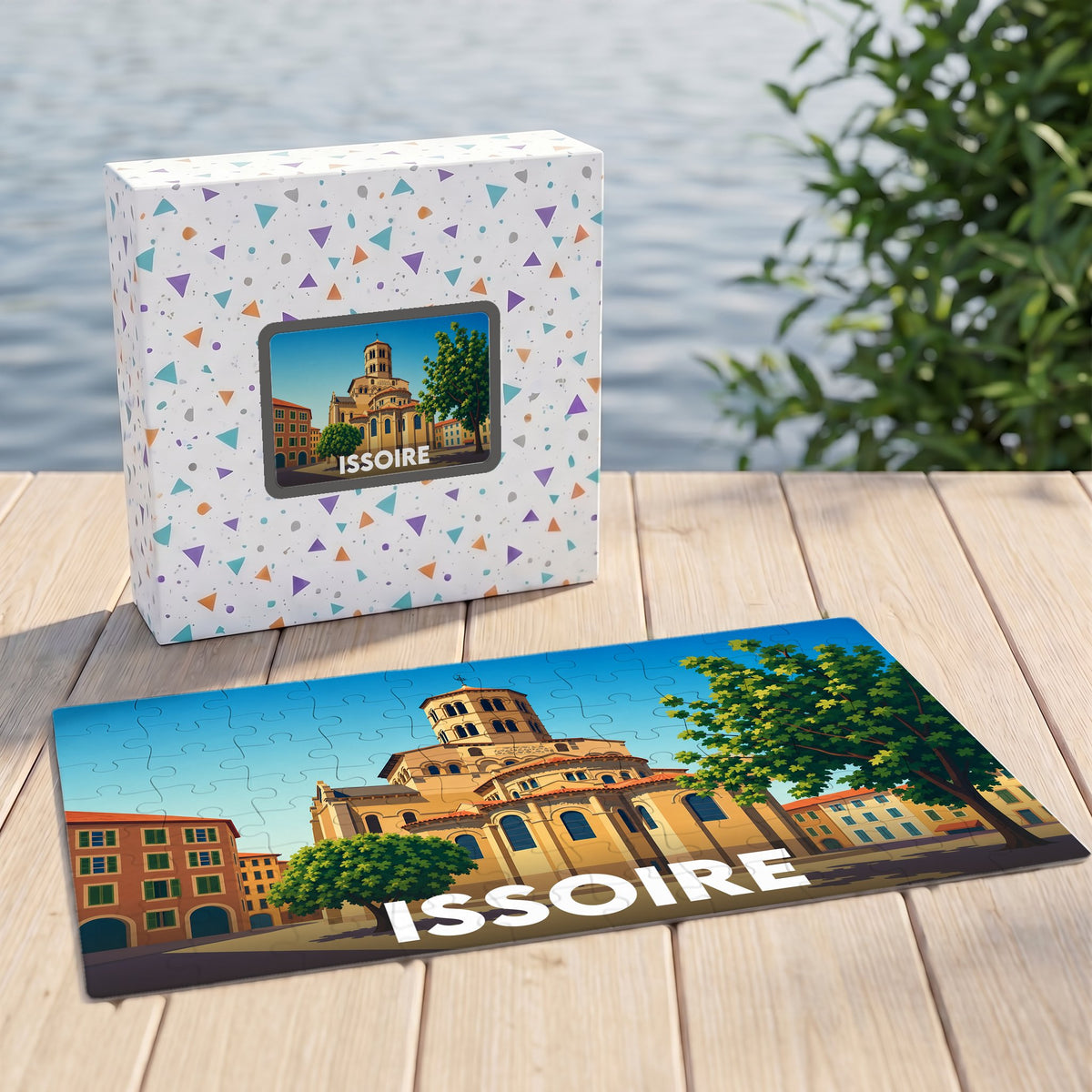 Puzzle souvenir de la ville d'Issoire présentant une illustration colorée de son église romane.