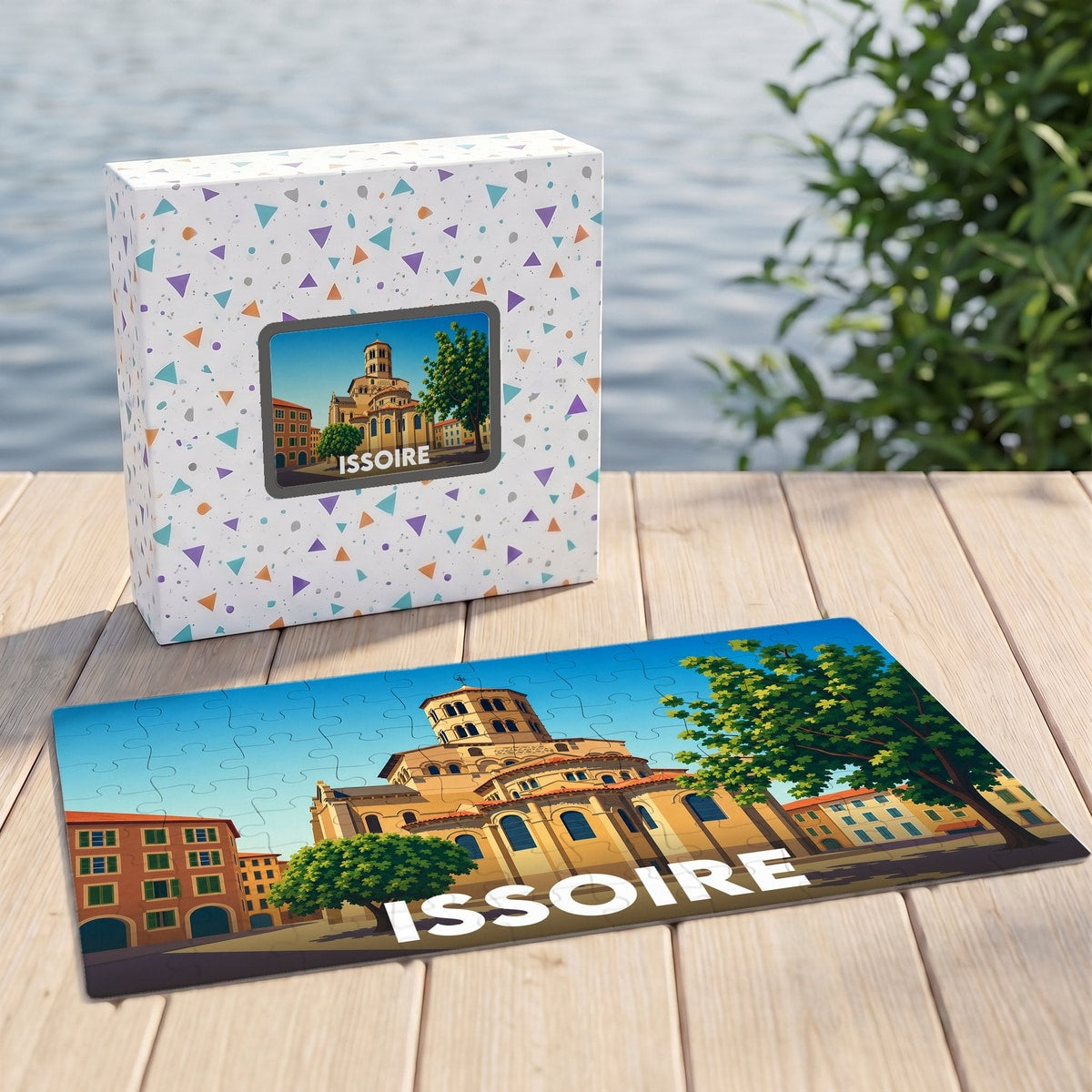 Puzzle souvenir de la ville d'Issoire présentant une illustration colorée de son église romane.
