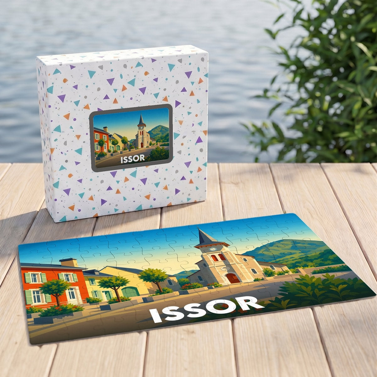 Puzzle souvenir de la ville d'Issor représentant une illustration stylisée d'un village de montagne.