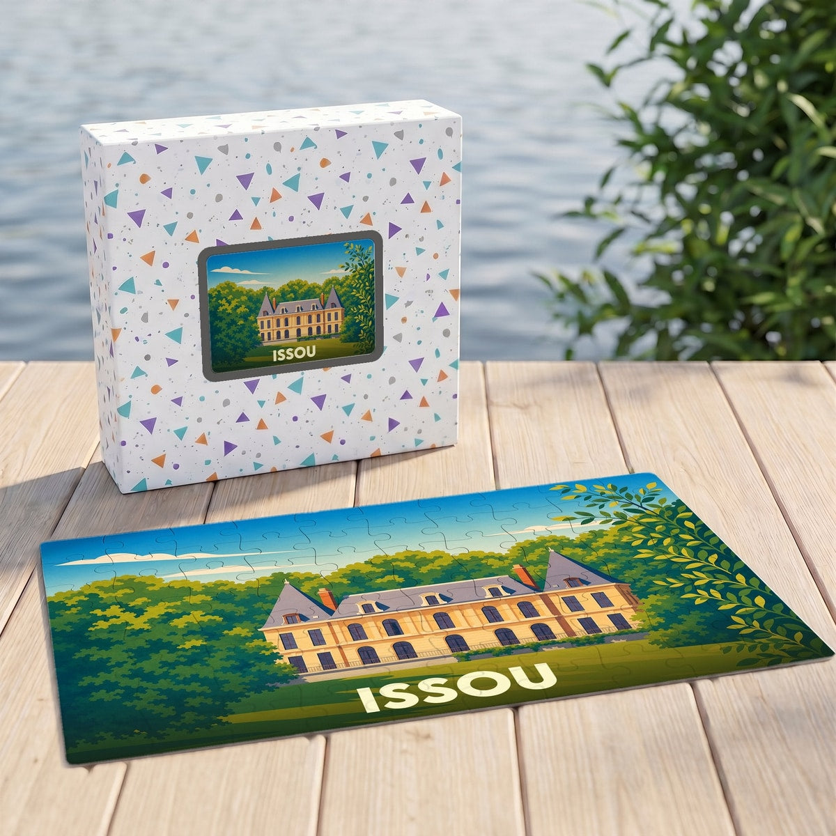 Puzzle souvenir de la ville d'Issou avec une illustration stylisée d'un château.