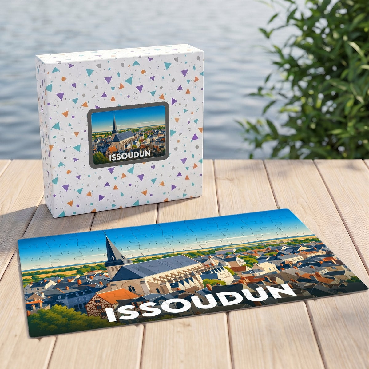 Puzzle souvenir de la ville d'Issoudun avec une illustration stylisée d'un panorama urbain.