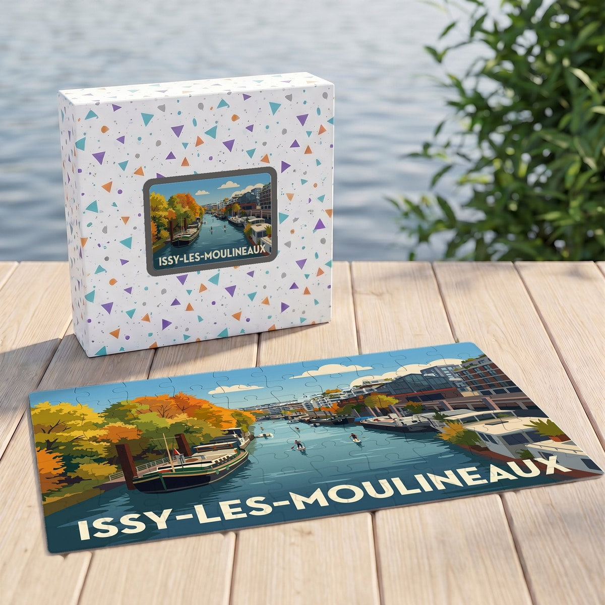 Puzzle souvenir de la ville d'Issy-les-Moulineaux illustré par une vue stylisée des bords de Seine.