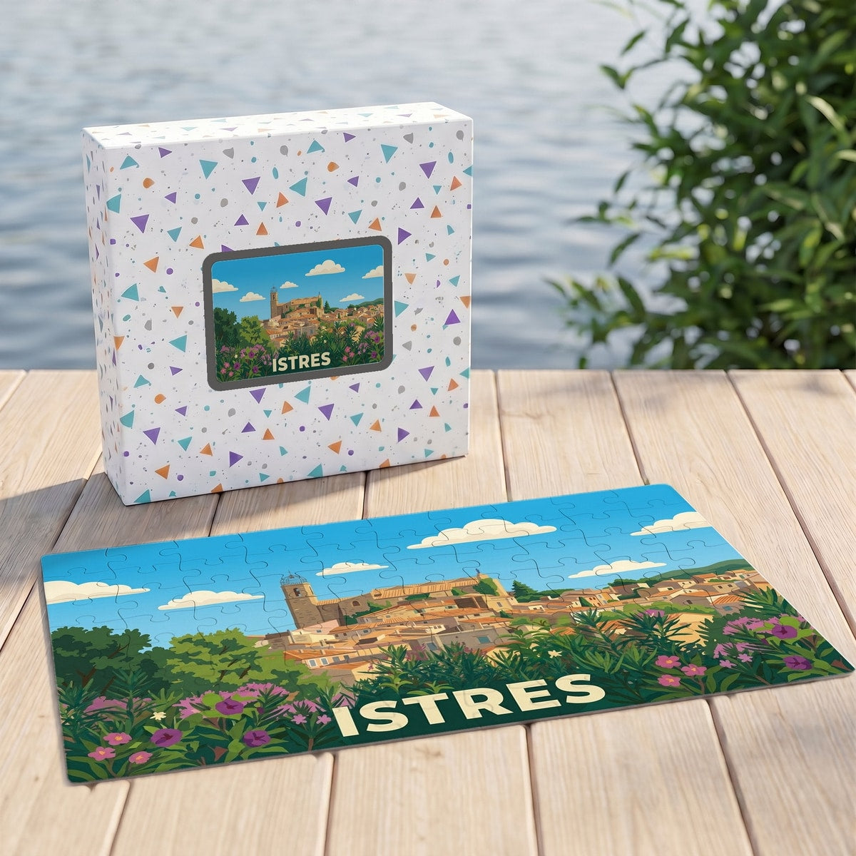 Puzzle souvenir de la ville d'Istres présentant une illustration stylisée et colorée du centre historique.