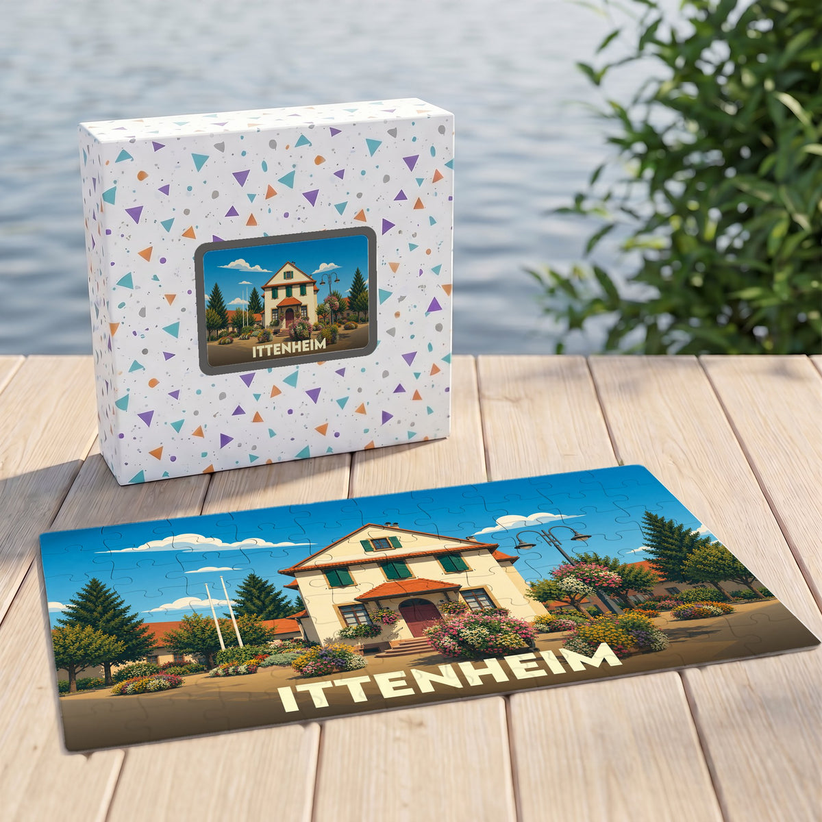 Puzzle souvenir de la ville de Ittenheim illustrant une maison traditionnelle alsacienne fleurie.