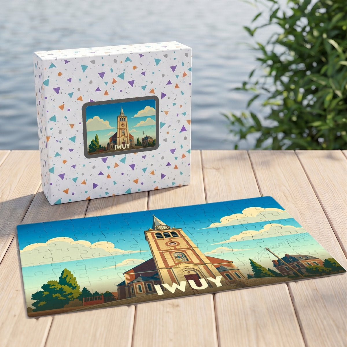 Puzzle souvenir de la ville d'Iwuy avec une illustration stylisée de son église.