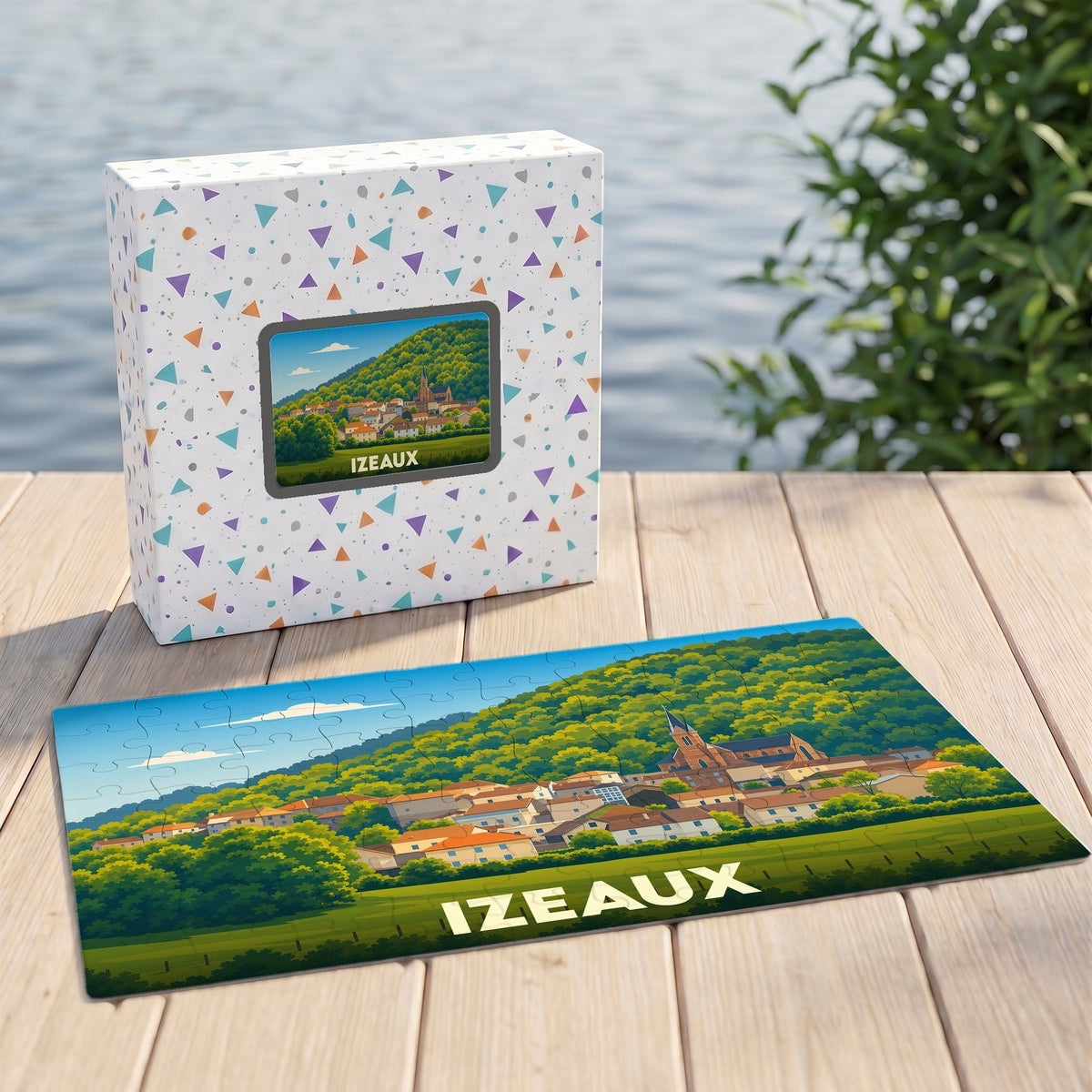 Puzzle souvenir de la ville d'Izeaux avec une illustration stylisée d'un village verdoyant.
