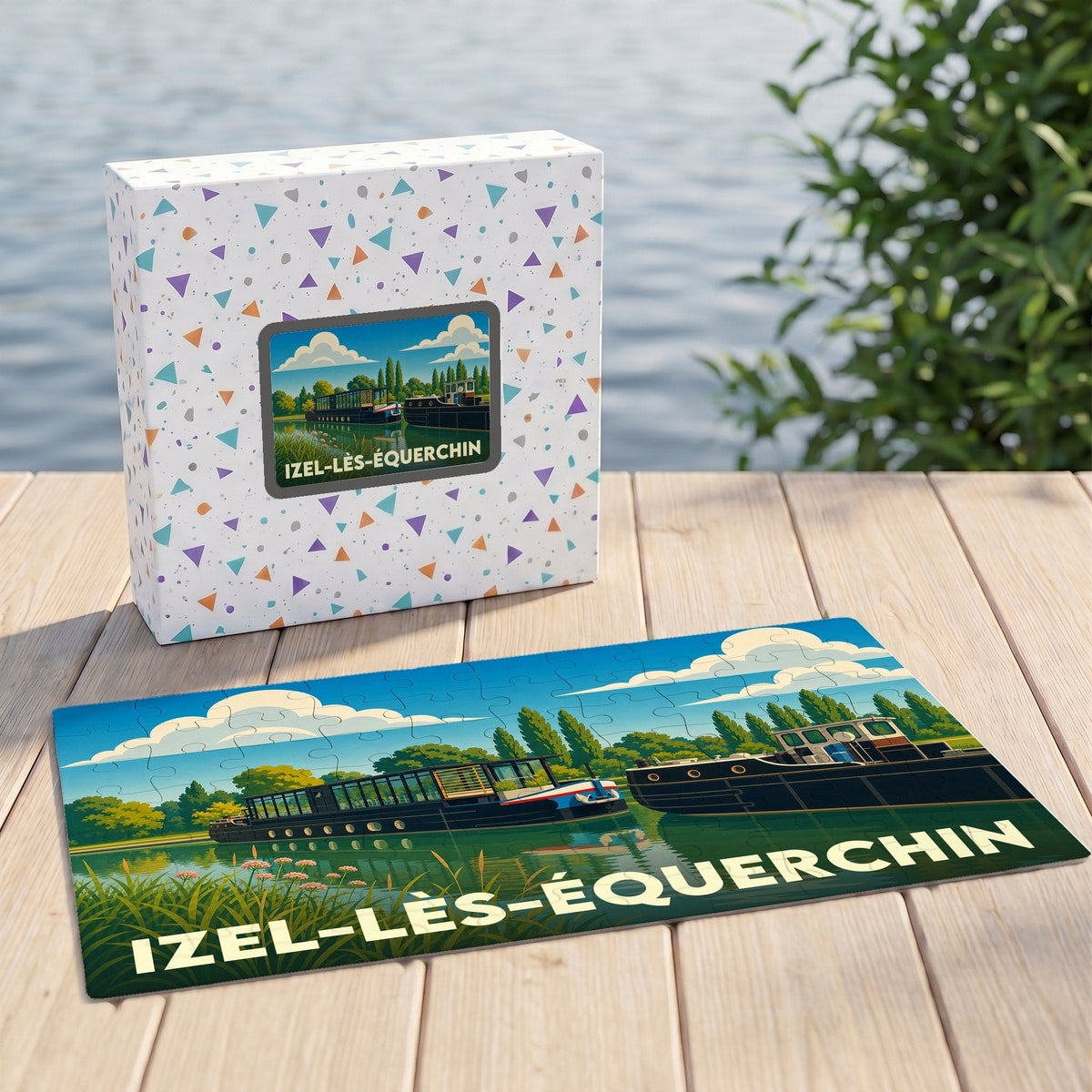 Puzzle souvenir de la ville de Izel-lès-Équerchin illustrant des péniches sur un canal.